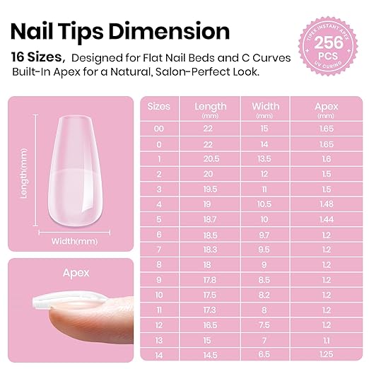 Beetles Tipex Lite Pre-Built Apex Gel Nail Tips, Coffin Short, 256pcs Value Pack, 16 Sizes, Flat-Nail Friendly Acrylic Tips for Natural Nail Beds, Easy for Beginner DIY