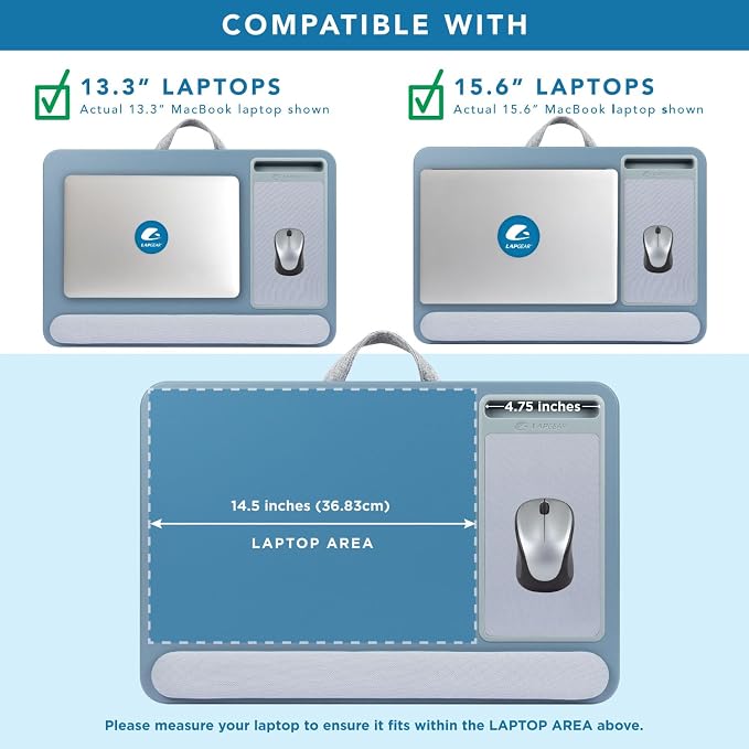 LAPGEAR Home Office Pro Lap Desk - Slate Blue, Fits 15.6” Laptops | Built-In Mouse Pad & Phone Slot, Wide Cushioned Wrist Rest, Dual-Bolster Microbead Cushion, Carry Handle