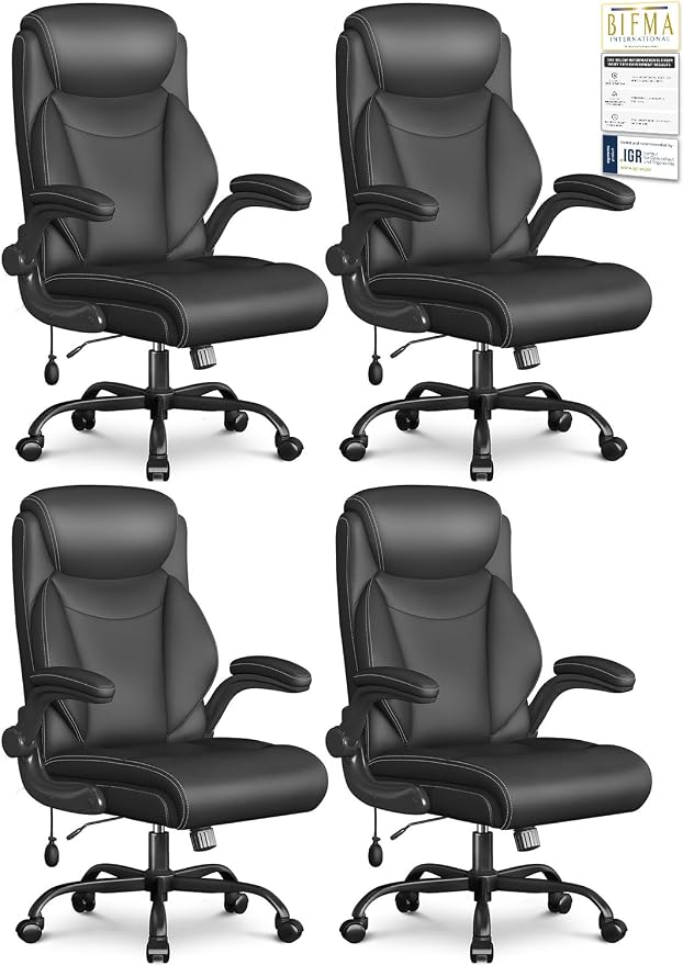 Ergonomic Office Chair, Big and Tall Office Chair, Executive Chair- Padded Leather Comfy Chair with Adjustable Lumbar Support & Flip-Up Arms, Rocking Swivel Chair for Home Office,Black