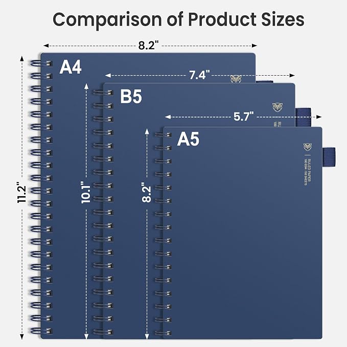 EMSHOI Lined Spiral Journal Notebook, 300 Pages, A4 Size (8.2'' x 11.2'') | College Ruled, 100 GSM Perforated Thick Paper, Flexible Plastic Cover, for School, Writing, Work & Journaling (Blue)