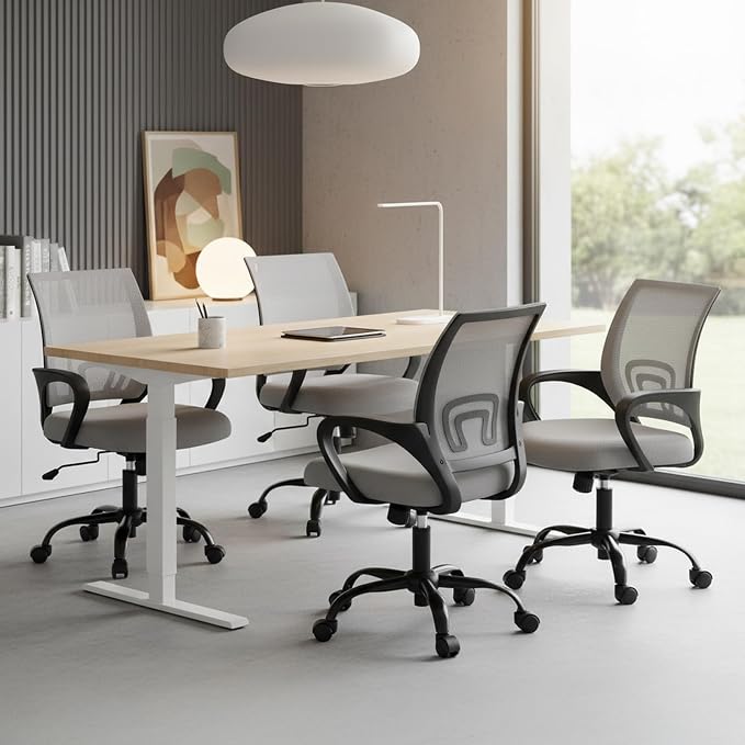 DUMOS Ergonomic Office Chair, Lumbar Support Mesh Desk Chair | Mid Back Mesh, Height Adjustable Fixed Armrest, Rocking Mode 360 Swivel Computer Gaming, Grey