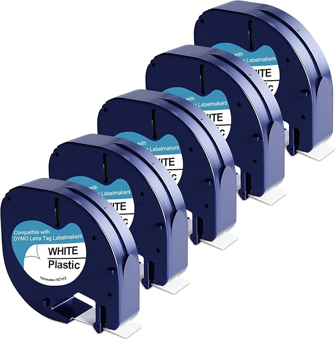 5-Pack 91331 Plastic White Label Tape Replacement for Dymo Letratag Refills 12mm x 4m 1/2 Inch x 13 Feet Work with DYMO LetraTag LT-100H LT-100T QX50 Label Makers