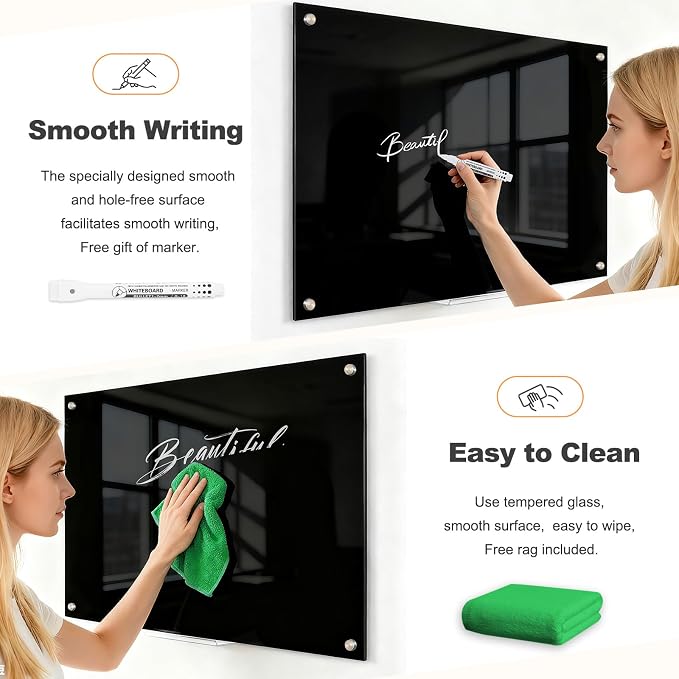 24” x 18” Black Dry Erase Board Magnetic Tempered Glass Whiteboard | (2’ x 1.5’) Small Wall Mounted Glass White Board with Acrylic Pen Tray for Office, Home, School