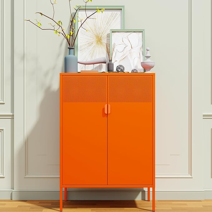 Chshin Metal Storage Cabinet,Kitchen Pantry Storage Cabinet,Metal Sideboard with 2 Doors and 2 Adjustable Shelves,Orange Locker Cabinet for Home,Bathroom,Hallway,Office,Dining Room