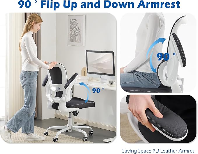 TRALT Ergonomic Office Chair Desk Chair with Adjustable Lumbar Support | Desk Chair Comfy with Flip-up Armrests Ergonomic Chair - Mesh Computer Chairs for Adults, 330lbs, PU Leather (Black White, 1)