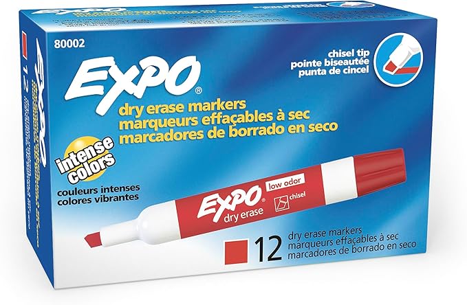 EXPO Low Odor Dry Erase Markers Chisel Tip Red 144 Count, Pack of 12