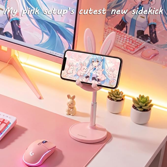 OATSBASF Cute Bunny Phone Stand Adjustable Pink Phone Holder for Phones | Weighted Base Kawaii Desk Accessories, Aesthetic Room Decor Gift for Women/Girls/Kids, Compatible with All Phones