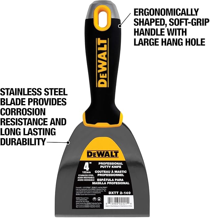 DEWALT 4" Putty Knife | Stainless Steel w/Soft Grip Handle | DXTT-2-140