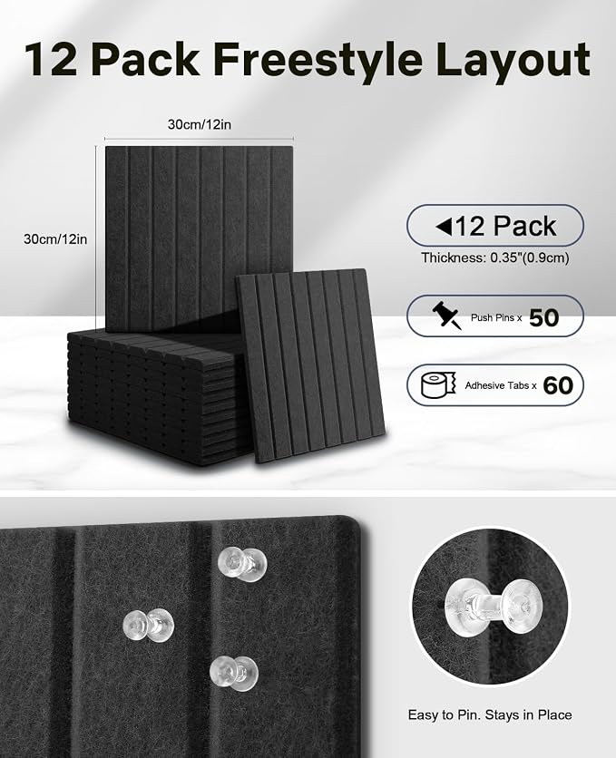 48" x 36" Large Cork Bulletin Board Tiles, Peel and Stick Felt Wall Panels for Vision, Message Center, Picture and Prayer Board for Office, Dorm, Room and Desk Decor(Black)