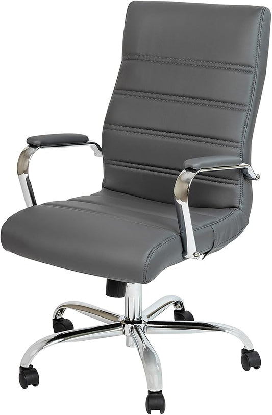 Flash Furniture Whitney High-Back Swivel LeatherSoft Desk Chair with Padded Seat and Armrests, Adjustable Height Padded Office Chair, Gray/Chrome