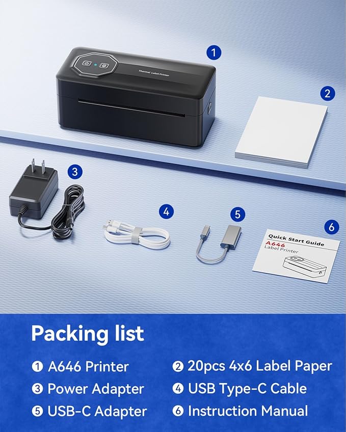 TATTMUSE Bluetooth Thermal Shipping Label Wireless 4x6 Label Printer | Printer for Small Business and Shipping Packages, Compatible with iPhone Android Windows Mac, Amazon, USPS, UPS, Black