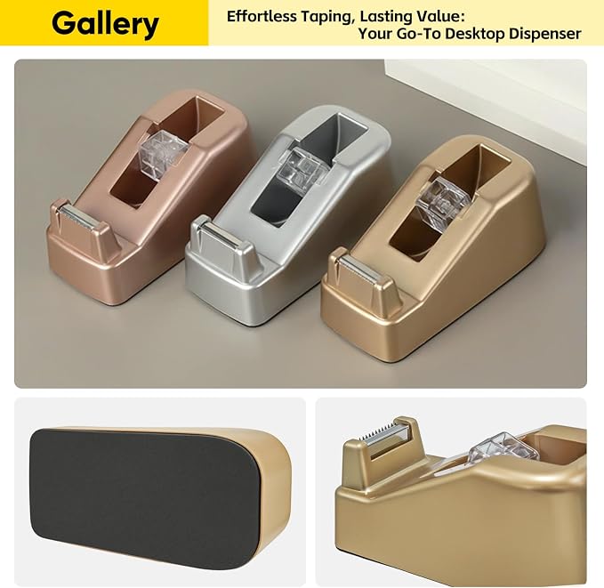 Aesthetic Metallic Finish Office Tape Dispenser, Fits 1" Core, Gold | Standard 1-Inch Clear Tape Roll Holder, Elegant Stylish, Rubber Base, Smooth Cut Serrated Blade, Home Desktop Supplies Decor