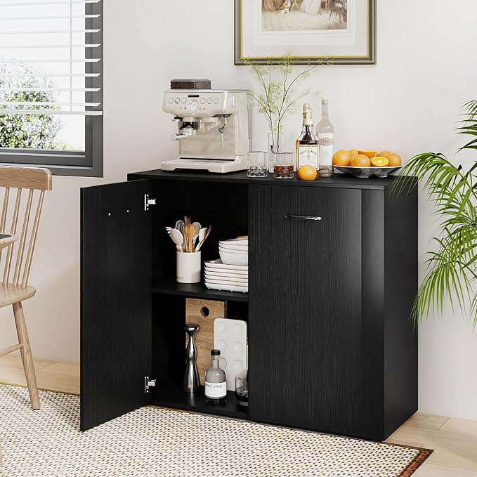 GIANTEX 38" Sideboard Cabinet with 2 Doors & 4 Shelves (Black) | Bathroom Storage Organizer with Anti-Tipping Device, Metal Hinges, Credenza for Living Room, Kitchen, Entryway
