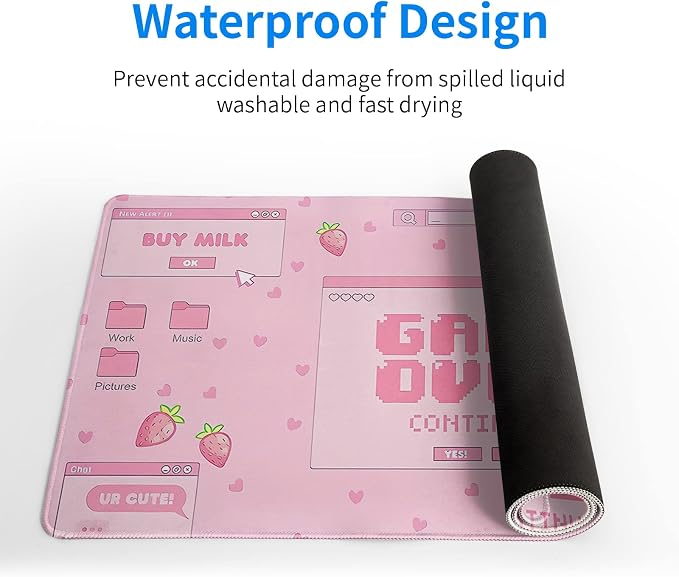 Pink Gaming Mouse Pad 31.5x11.8 Inch Pastel Game Over Large Mousepad Kawaii Office Decor for Women Non-Slip Rubber Base Stitched Edges Keyboard Mouse Mat Desk Pad for Office Home and Game