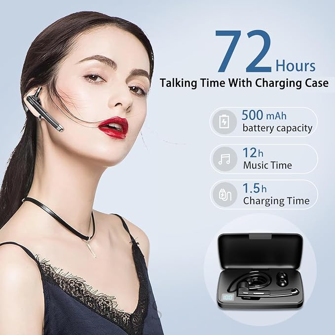Bluetooth Headset with Microphone, Wireless Bluetooth Earpiece for Work, Trucker Headset with ENC Noise Cancelling Mic, 72H Charging Case, Bluetooth 6.1 Hands Free for Driving Office PC Phone, Black