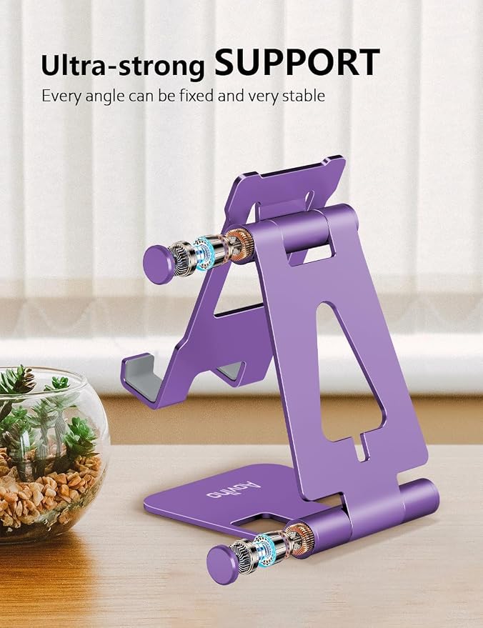 Aoviho Foldable Cell Phone Stand for Desk, Holder for iPhone,Purple | Folds Flat for Easy Storage, Hands-Free Viewing, Fits iPhone 17/16/15 Series & Samsung Galaxy, Ideal for Office & Home
