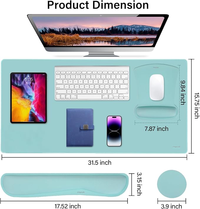 MOSISO Keyboard Mouse Pad Set, Large Gaming Mousepad&Keyboard Wrist Rest | Mouse Wrist Rest&Coaster, Ergonomic Non-Slip Mousepad&Easy Typing Cushion with Memory Foam for Home Office, Aquamarine