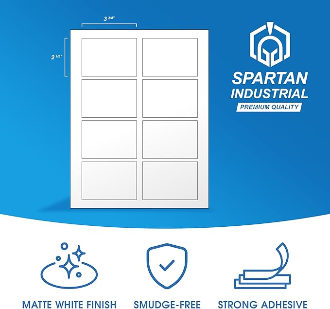 2 1/3" X 3 3/8" Matte White Printable Labels for Inkjet and Laser Printers - 250 Sheets, 2000 Custom Stickers, Name Tags, Hello My Name is Stickers, Shipping Labels - Spartan Industrial Template R013