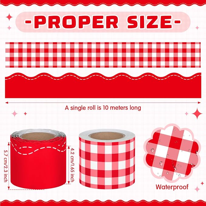 2 Rolls 65.6ft Red Gingham Bulletin Board Borders Decoration Red Checkered and Straight Edge Bulletin Borders Board Trim for Office School Classroom Chalkboard Party Decoration