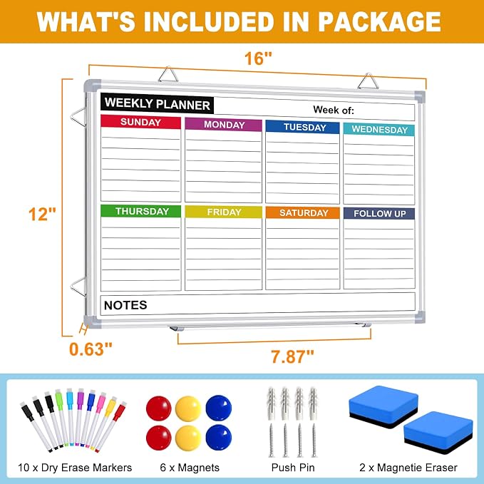 Weekly Planner Whiteboard, Weekly Dry Erase Board for Wall 16" x 12", Double-Sided Weekly Calendar Whiteboard with Pen Tray & Hook, Hanging Writing Schedule Board for Home, School, Office