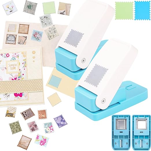2 Pcs Stamp Punch, 1 Inch Square Stamp Punch & 1X0.8 Inch Rectangular Postage Stamps Punches, Stamps Shaped Paper Puncher, Portable Lever Action Craft Punches for Paper Crafting DIY Scrapbooking