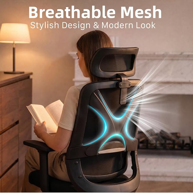 Mesh Ergonomic Office Chair with Lifting Armrests Home Office Desk Chair with Headrest and Backrest 90-150 Adjustable for Home, Office, Gaming, Student（Black）