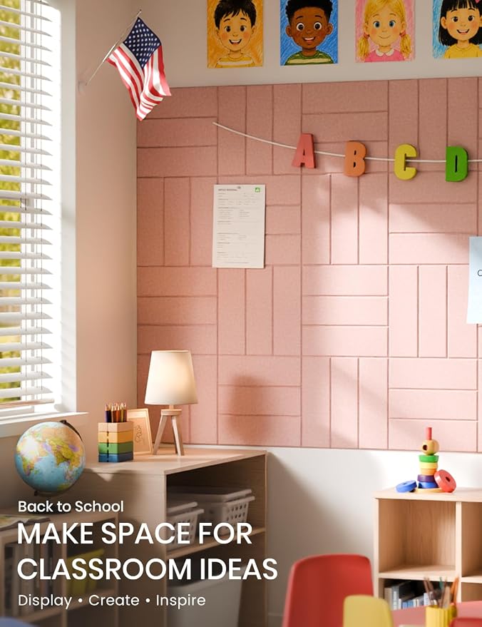 28" x 18" Felt Bulletin Board Tiles, Bold Stripe, Pink | 6-Pack Cork Board Alternative, 30 Adhesive Tabs, Push Pin Board, Wall Decor, Office, Home, Classroom, Dorm