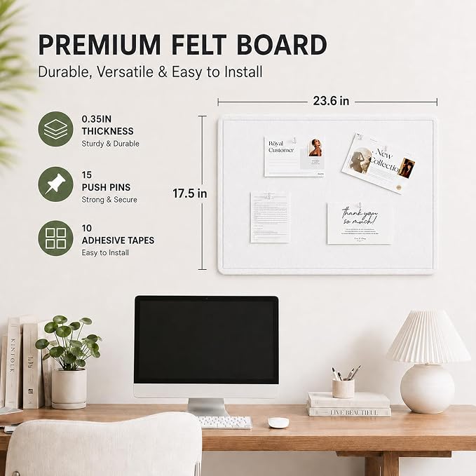 Felt Bulletin Board for Wall 24" x 18" Unfolded Size, Small Frameless Felt Pin Board, Soft Cork Board Alternative for Office, Home Planning, Notes, Photos & Wall Decor, Foldable Shipping, Easy Install