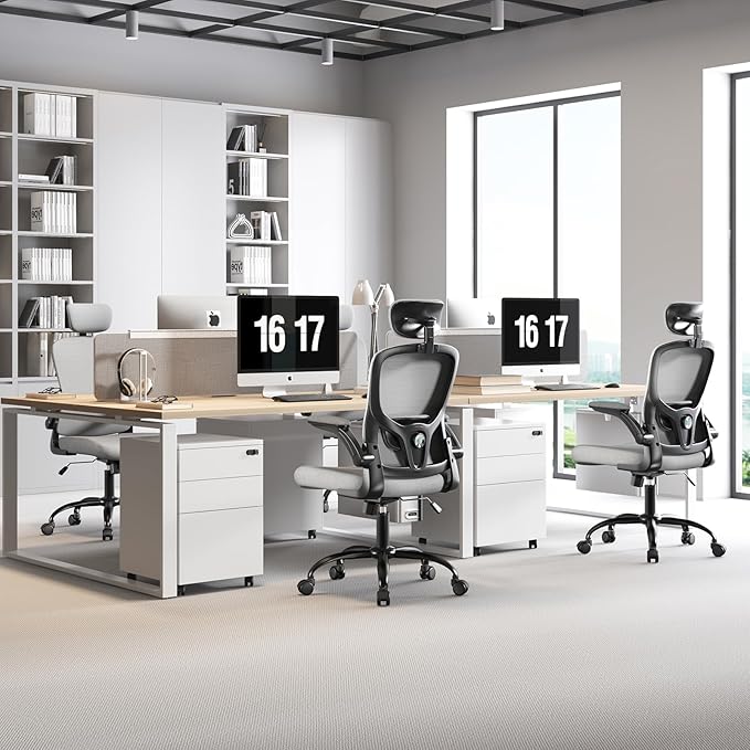 Ergonomic Office Chair - Adjustable Lumbar Support and Headrest, High Back Desk Chair with Flip-Up Arms for Home Office, 90-120° Tilt & Swivel Rolling Task Chair (Grey6076)