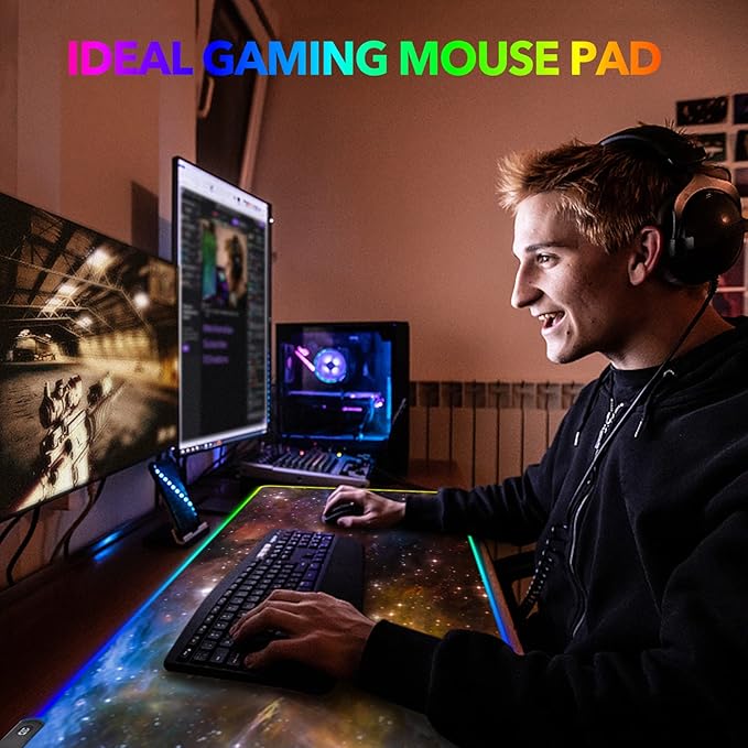 AIMSA Large Gaming Mouse Pad RGB, Keyboard Led Mousepad Extended 35.4 x 15.8 inch Non-Slip Rubber Base with 14 Lighting Modes Desk Mat, Colorful Galaxy Nebula