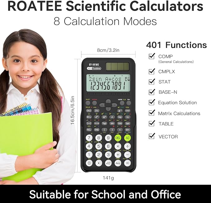 991MS 401 Functions 2-Line Display Desktop Calculator with Sliding Cover | Scientific Calculator School Supplies, ROATEE Solar Battery Power Kawaii for Middle High School Student and Teacher Black