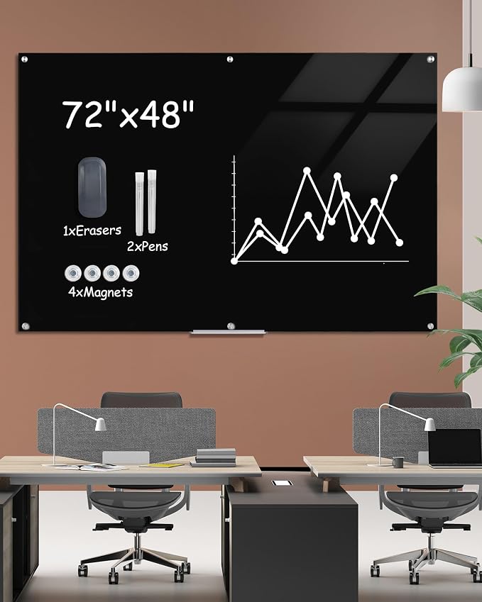 Mifuro Magnetic Glass Whiteboard，72"x48" Wall Mounted Frameless Dry Erase Board for Office, Home & School Black