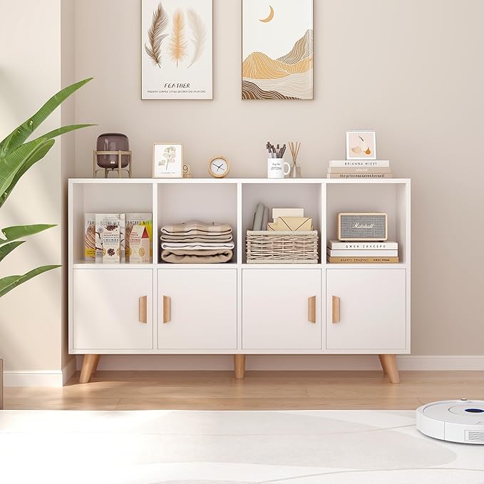8-Cube Bookcase with Doors, 2-Tier Low Storage Cabient, Warm White | Solid Wood Legs and Door Handles, Cubby Shelf with 4 Doors, Fits 11×11" Bins for Home & Office