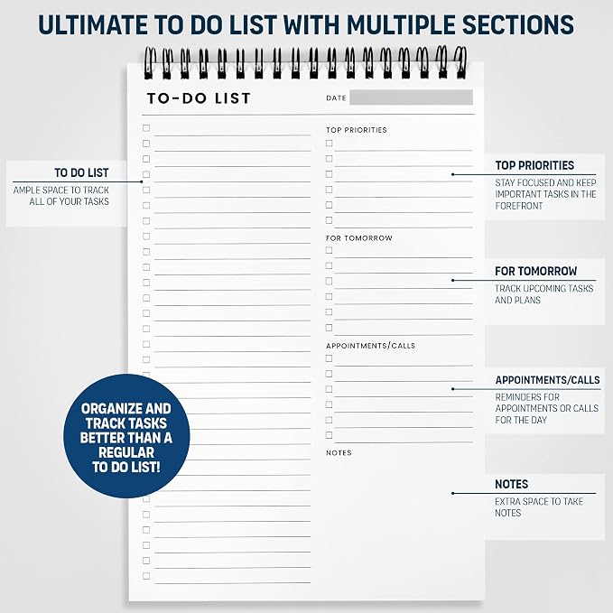 To Do List Notepad with Multiple Functional Sections, Spiral Daily Planner | 6.5 x 9.8" 60 Sheets Daily Task Organizer - Notebook for Work - CheckList Agenda Pad, Note & Todo List Organization Notebooks