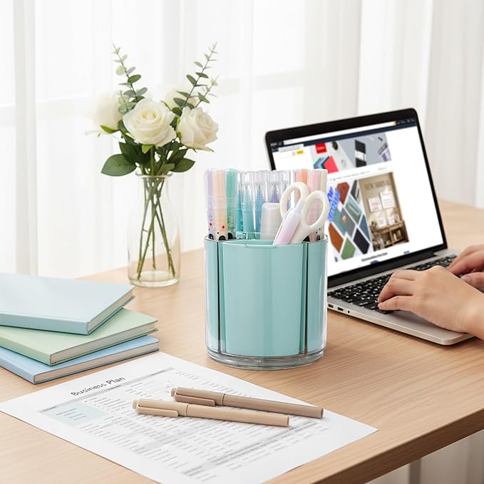 Comix 360° Rotating Pen Holder for Desk, Pencil Holder with 5 Slots, Cute Green Plastic Desk Organizer for Home School Office Supplies