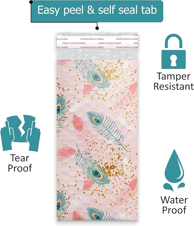 4x8 (20pcs) Pink Peacock Designer Self Seal Poly Bubble Mailers Shipping Envelopes Padded Bags