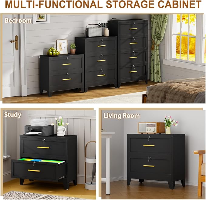 2 Drawer Metal File Cabinet with Lock,Lateral Filing Storage Cabinets,Steel Wide File Organization for Legal/Letter/A4/F4 Size with Hanging Files&Key,Lockable Printer Stand for Home Office, Black