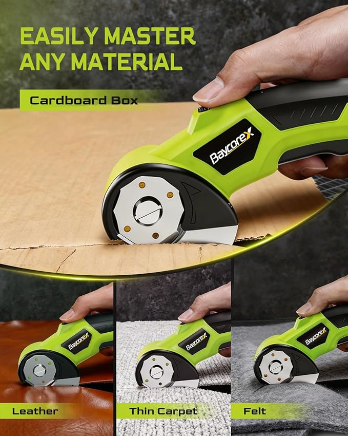Electric Cardboard Cutter,3000mAh Box Cutter Rechargeable,Cordless Electric Scissors with 2 Blade, 4V Upgrade Motor,Safety Lock & LED Light, Powerful Cutting Tool for Paper Carpet,Green