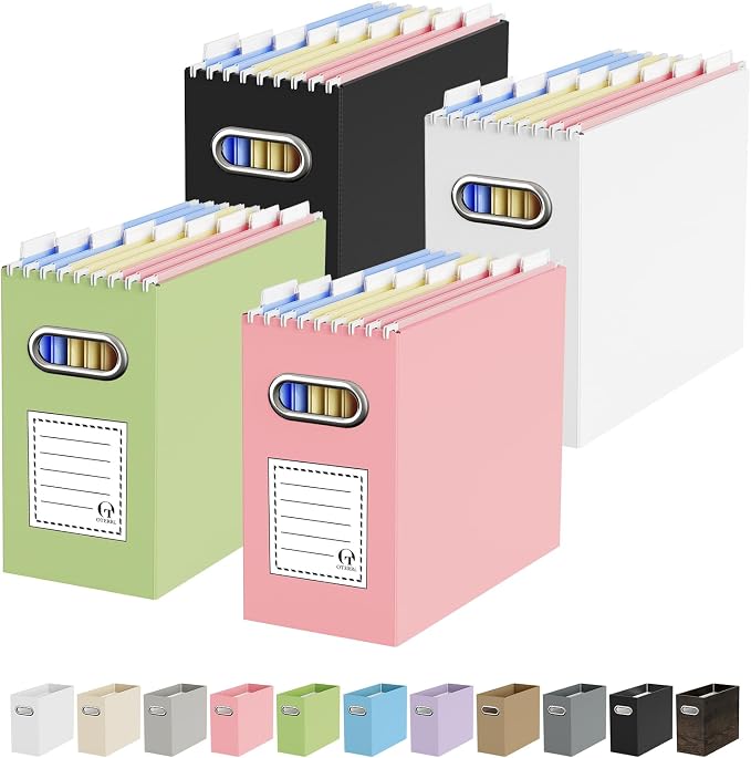 Portable Collapsible Cardboard File Box with Handle for Letter-Size | 4-Pack. Stainless Steel Handle. Label Stickers Included. Fits Letter Folders (Not Included). Home, Office, School, Dorm, Tax.