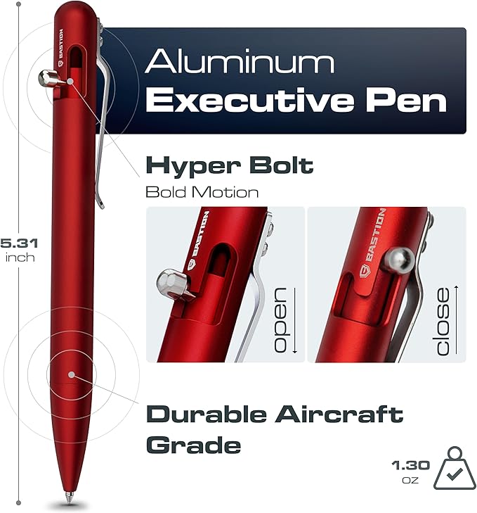BASTION Aluminum Bolt Action Pen with Gift Case - Luxury Executive Retractable Lightweight Metal Ink Refillable Office Pocket EDC Fine Point Writing Ballpoint for Men & Women (Red)