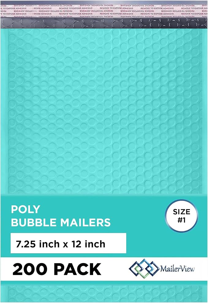 Teal Bubble Mailers 7.25x12, Self Seal Poly Padded Envelopes #1, 200 Pack | Fits Comics, Photos & Cards, No Tape Needed, Cushioned Protection, Water-Resistant Poly, Bulk Pack for Small Business