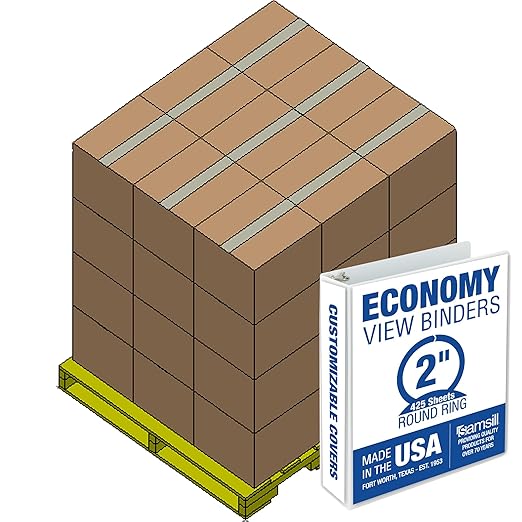 Samsill Economy 2 Inch 3 Ring Binder Bulk Pallet, Round Ring Binder, Customizable Clear View Cover, White, Pallet of 432 Binders in 36 Cartons