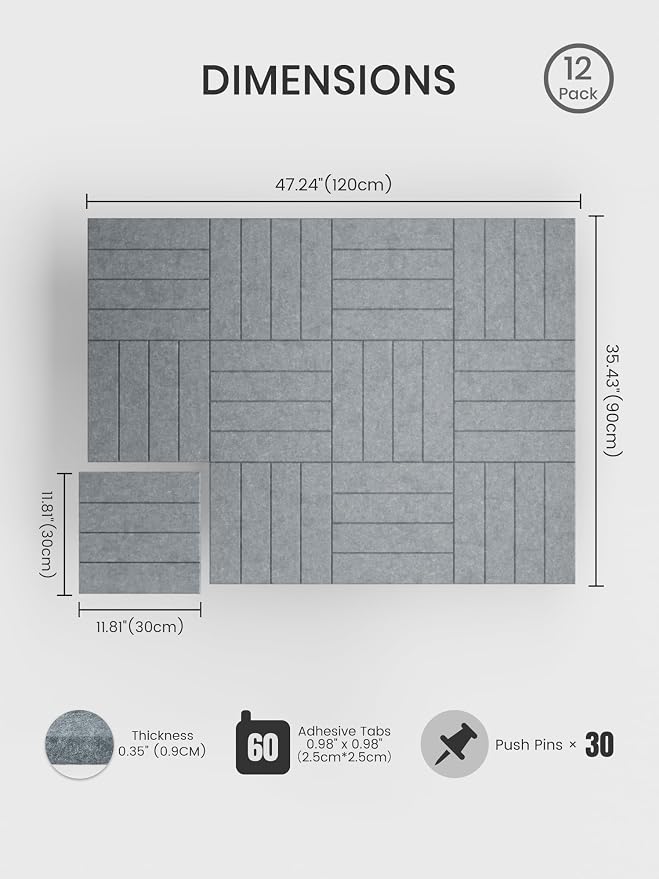 Bumusty 48"x 36" Large Felt Bulletin Board Tiles, Blue Gray | 12-Pack Cork Board Alternative, Wall Decor, 30 Pushpins, 60 Adhesive Tabs, Vision Board, Office, Classroom, Home, Dorm