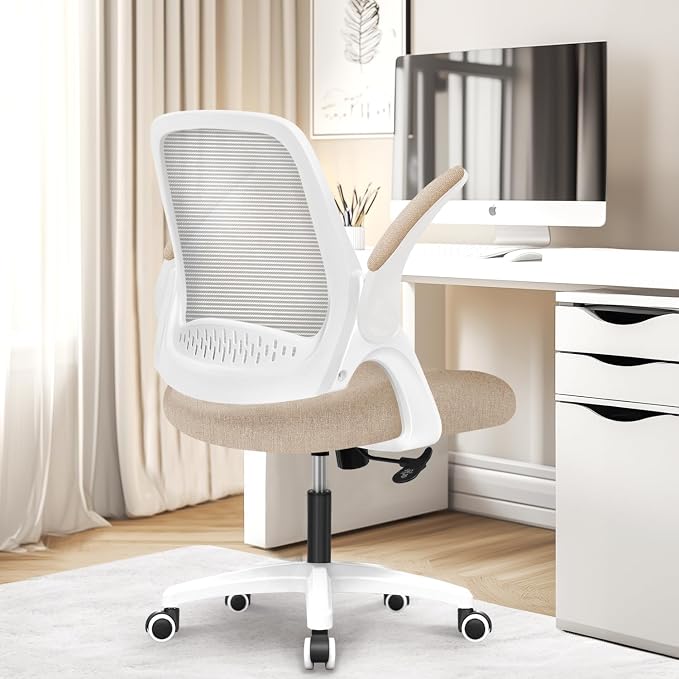 NEO CHAIR Office Desk Chair, Ergonomic Mesh with Flip-Up Armrests, Beige | Lumbar Support, Height Adjustment, 360° Swivel and Rolling Base, Space-Saving Design for Home Office, Vanity or Study