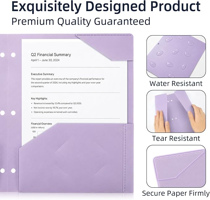 2-Pocket Folder, Heavy Duty Plastic Folder with 3 Hole Punched, Fit for 3 Ring Binder, Letter Size Binder Folder for School Office (Purple)