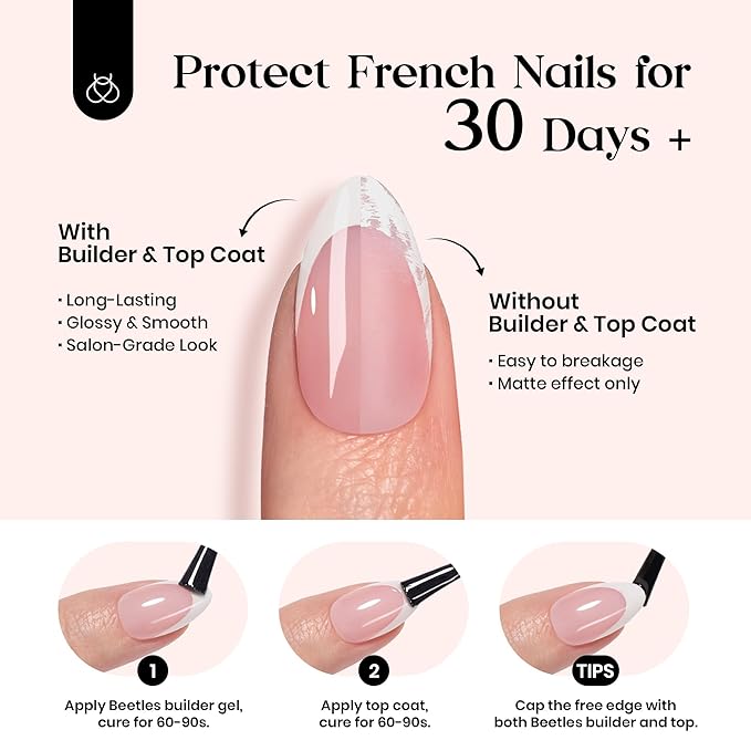 Beetles X Press Plus French Tip Nails - Candy French | Pink Long Square Press On Nails | 16 Sizes 160 Pcs Natural Salon Quality Gel Nail Tips