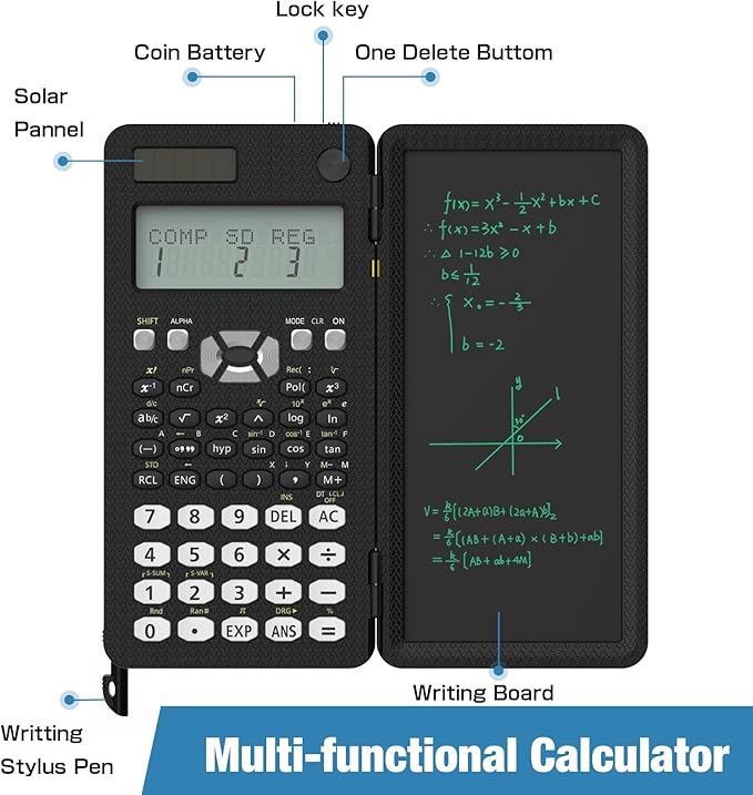 82MS Scientific Calculator 240 Functions 2-Line Display for Middle Students | ROATEE Scientific Calculator with Notepad, Middle and High Students Back to School Supplie, Foldable Solar & Battery Power