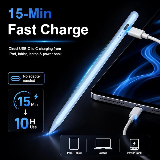 Stylus Pen for Apple iPad 2018-2026 for Note-Taking Drawing Blue | 15Min Fast Charge iPad Pencil with High Precision, Tilt Sensitivity, Palm Rejection on iPad 6-11/Air/Pro/Mini, No Pairing