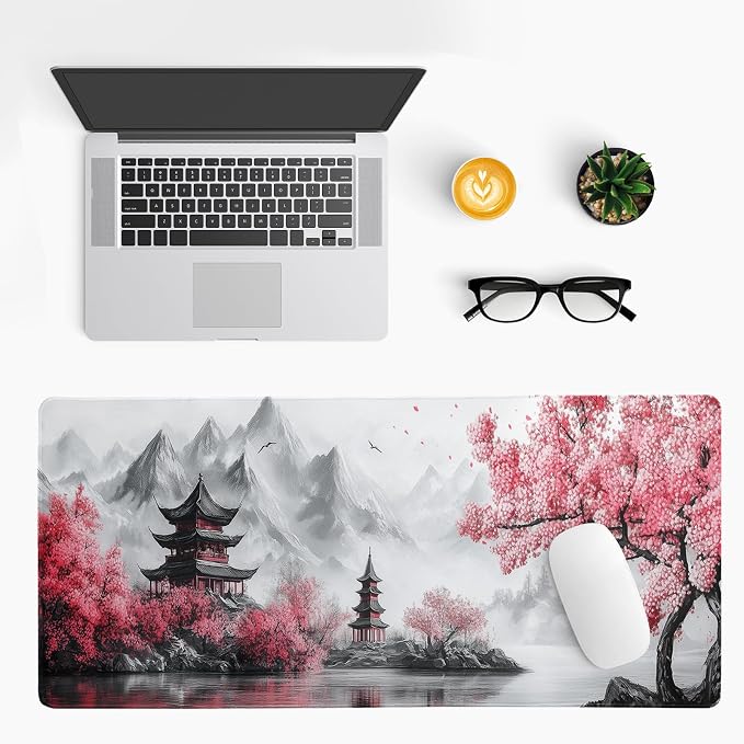 Retro Cherry Blossoms Mouse Pad 31.5x11.8 Inch White Full Desk Japanese Mousepad Extended Large Non-Slip Rubber Base Waterproof Big Keyboard Mat with Stitched Edges for Gaming and Office