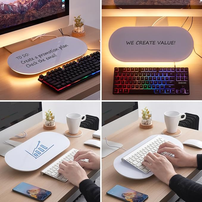 Glass Desktop Whiteboard - 17 X 7 Inches Small Dry Erase Board with Warm White Light, Glass White Board Surface Notepad with 1 Drawer, Desk Organizers for Office, Home, School Supplies